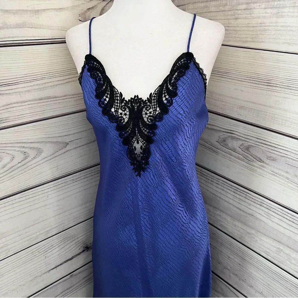 Vintage Lucie Ann II Blue & Black Satin & Lace Lingerie Slip Nightgown Dress